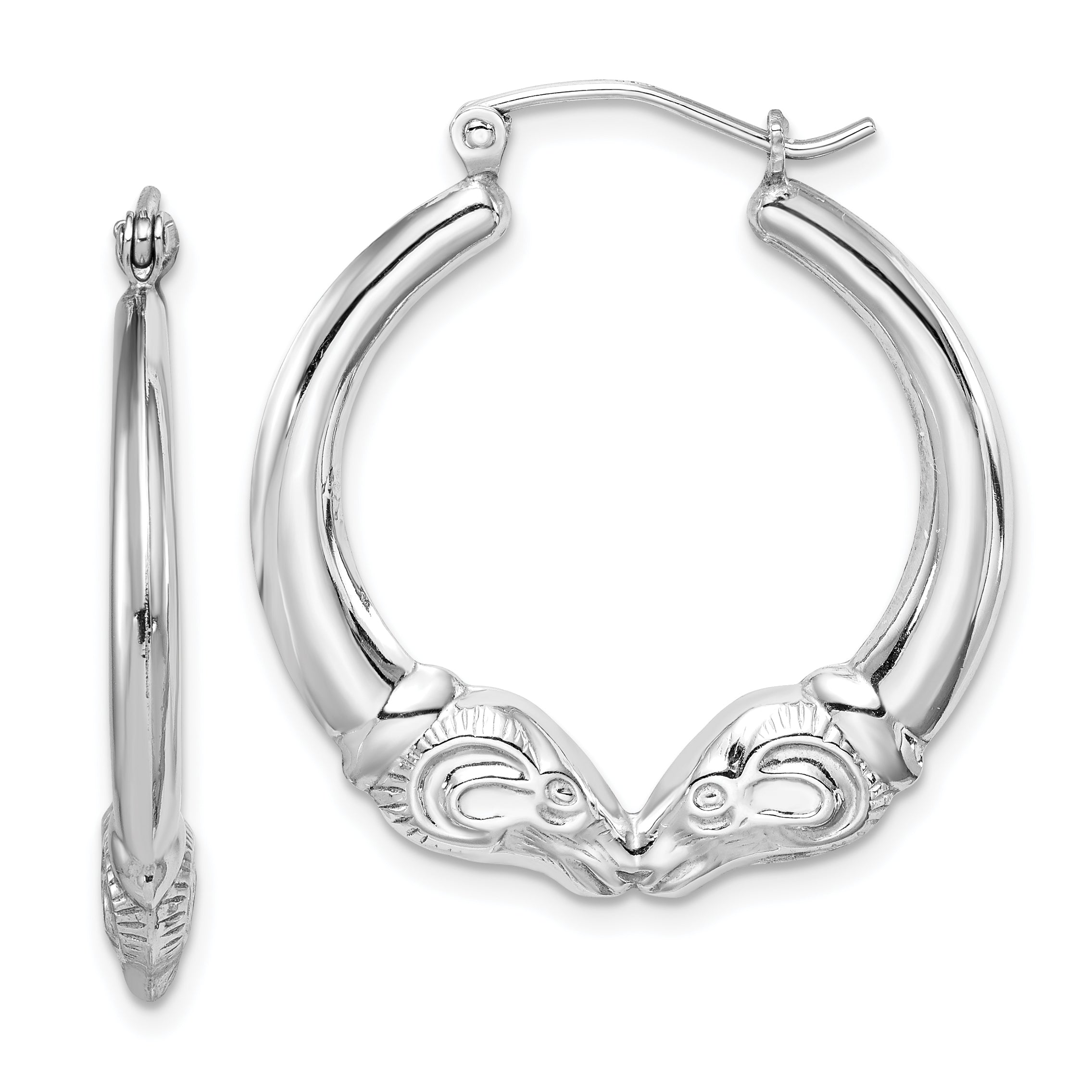 Sterling Silver Rhod-plated Textured Ram Head Round Hoop Earrings Main image