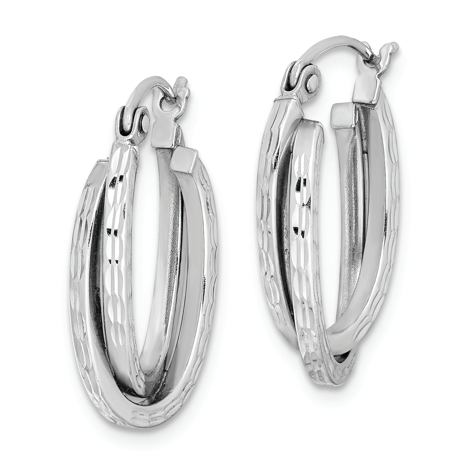 Sterling Silver Rhodium Plated Textured Double Oval Hoop Earrings Secondary image