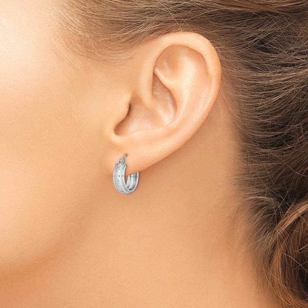 Sterling Silver Rhodium-Plated Diamond-Cut 5mm Round Hoop Earrings - Sophia Jewelers