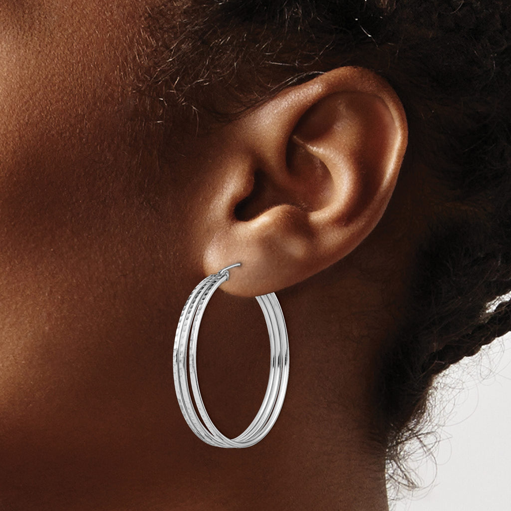 Sterling Silver Rhodium-Plated Textured Fancy Hoop Earrings - Sophia Jewelers