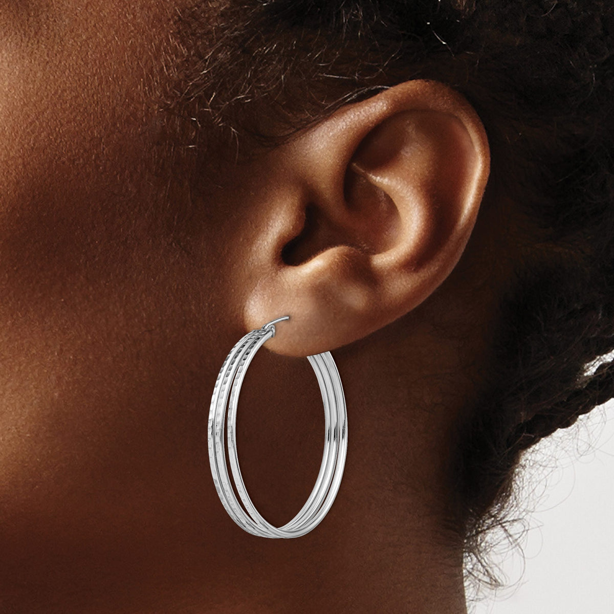 Sterling Silver Rhodium-Plated Textured Fancy Hoop Earrings - Sophia Jewelers