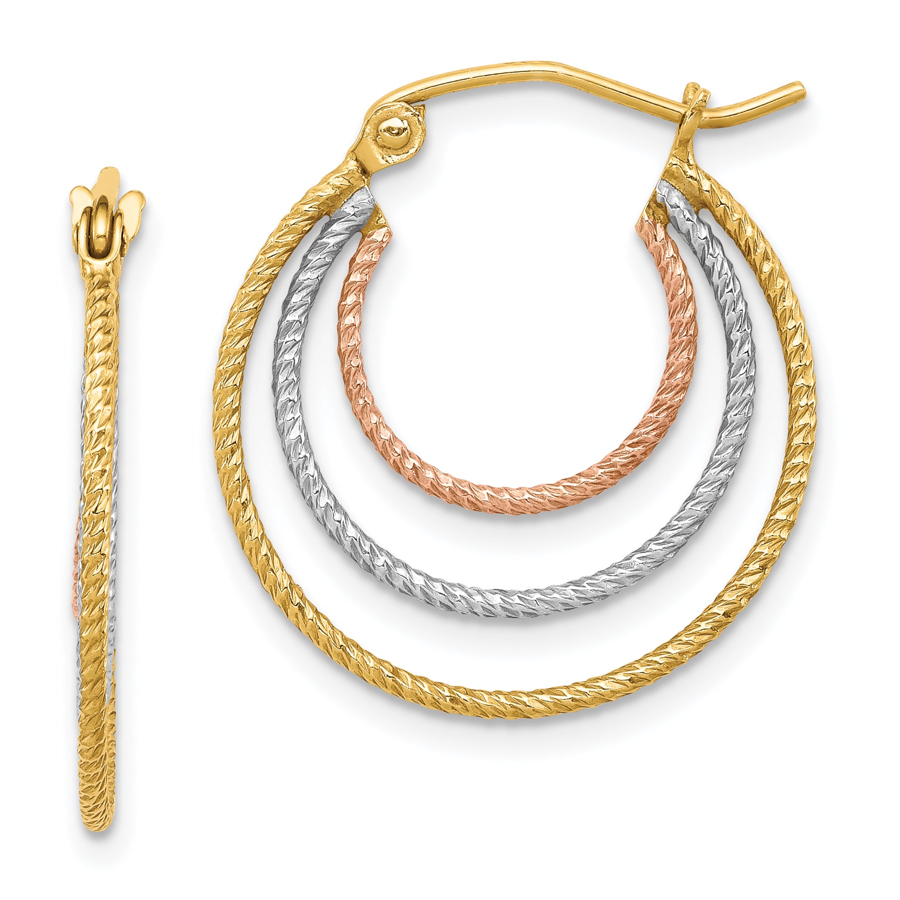 Sterling Silver Rhod-plated Yellow/Rose Vermeil 1.5mm Triple Hoop Earrings