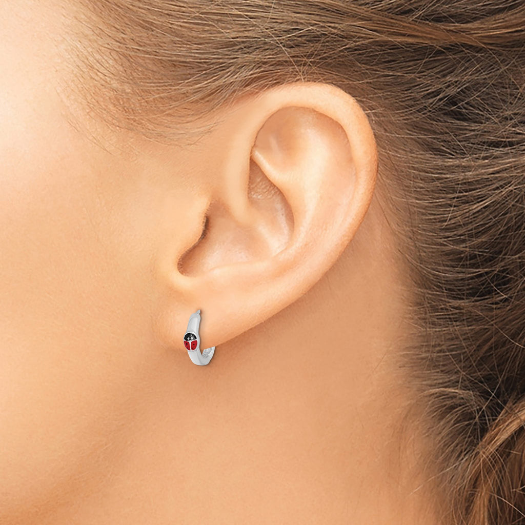Enameled Ladybug Hoop Earrings in Sterling Silver, 13mm Hinged - Sophia Jewelers