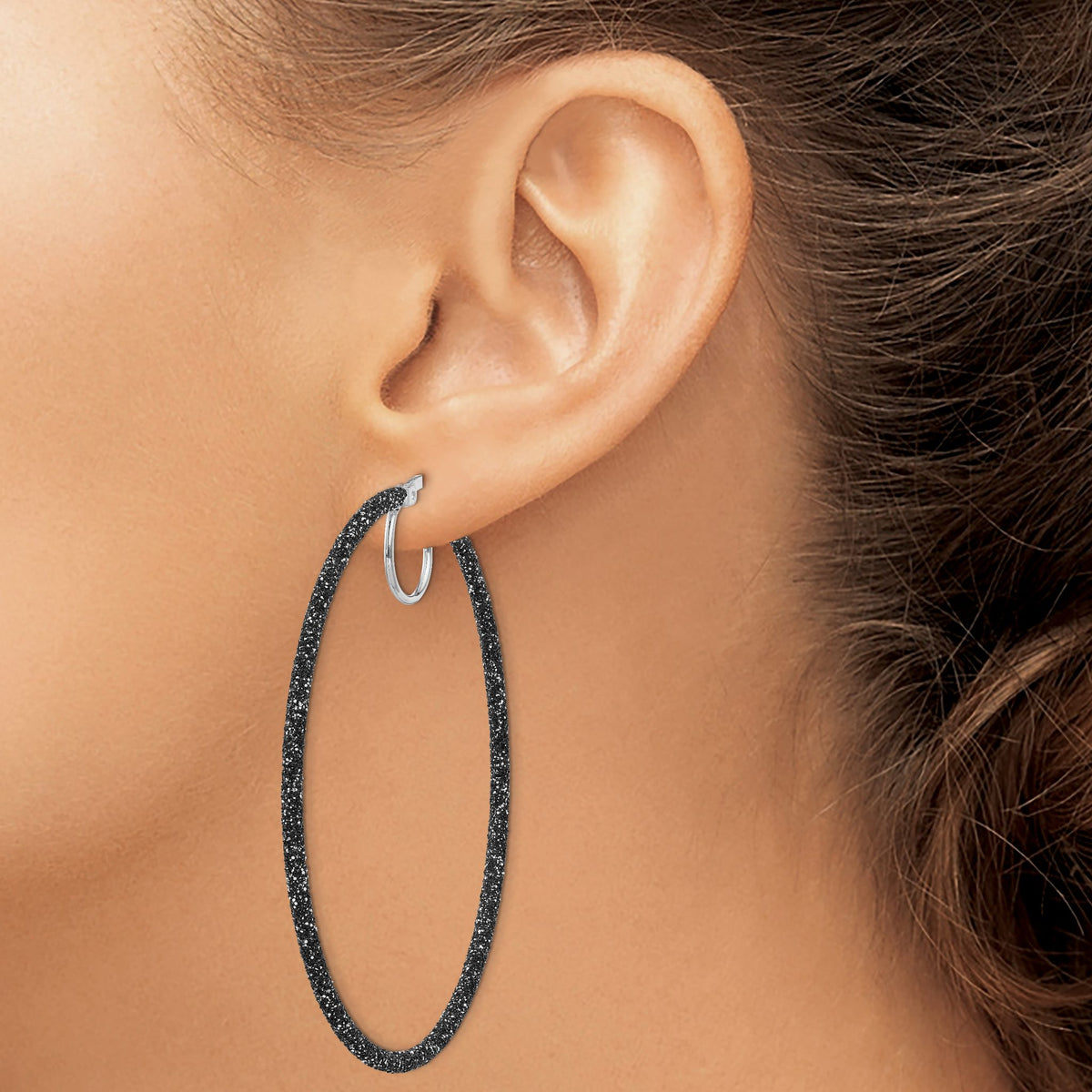 Sterling Silver Rhodium-Plated Black Glitter Enamel 2x55mm Hoop Earrings - Sophia Jewelers