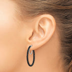 Sterling Silver Rhodium-Plated Black Glitter Enamel 2x30mm Hoop Earrings - Sophia Jewelers