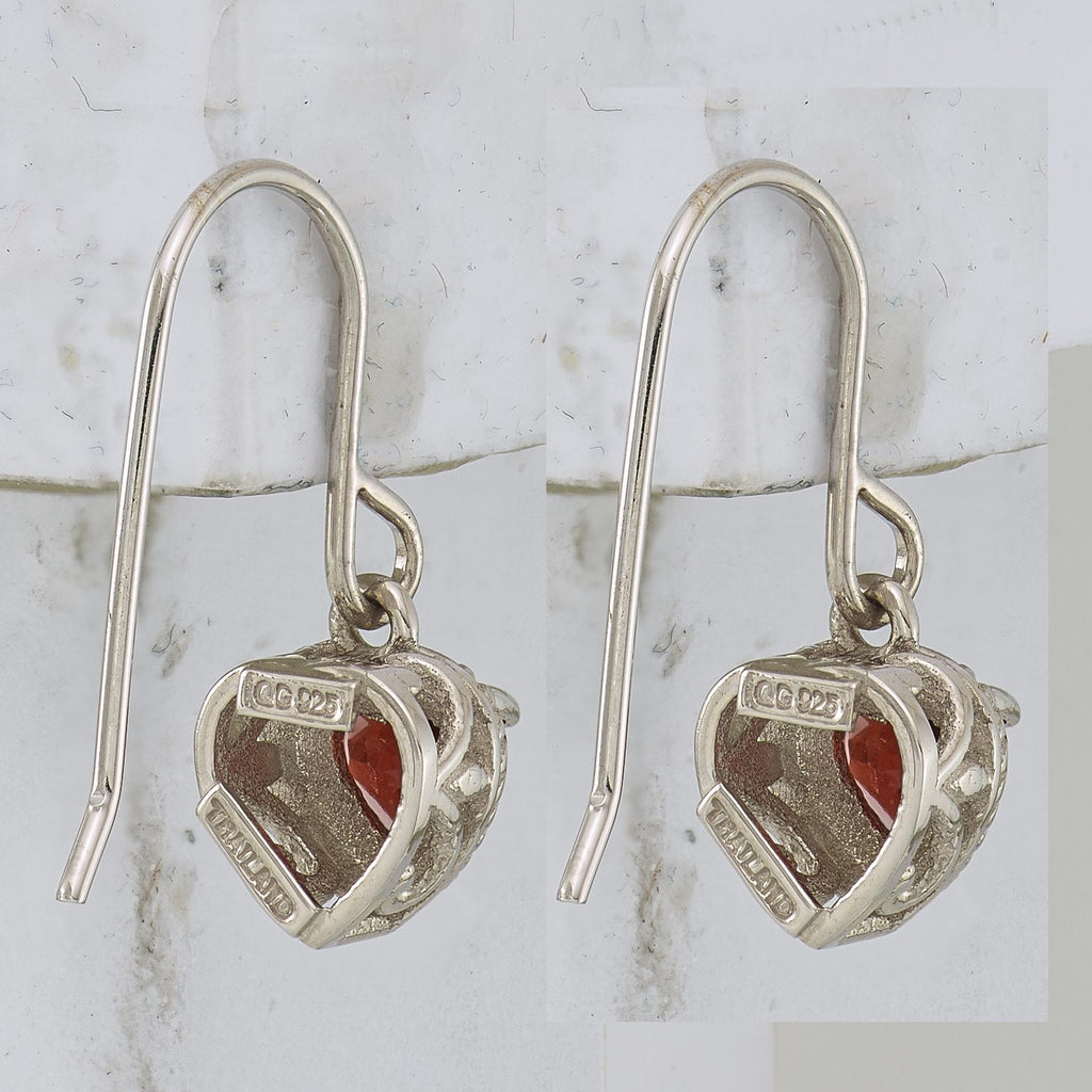 Garnet Small Heart Dangle Earrings in Sterling Silver, 5mm Textured - Sophia Jewelers