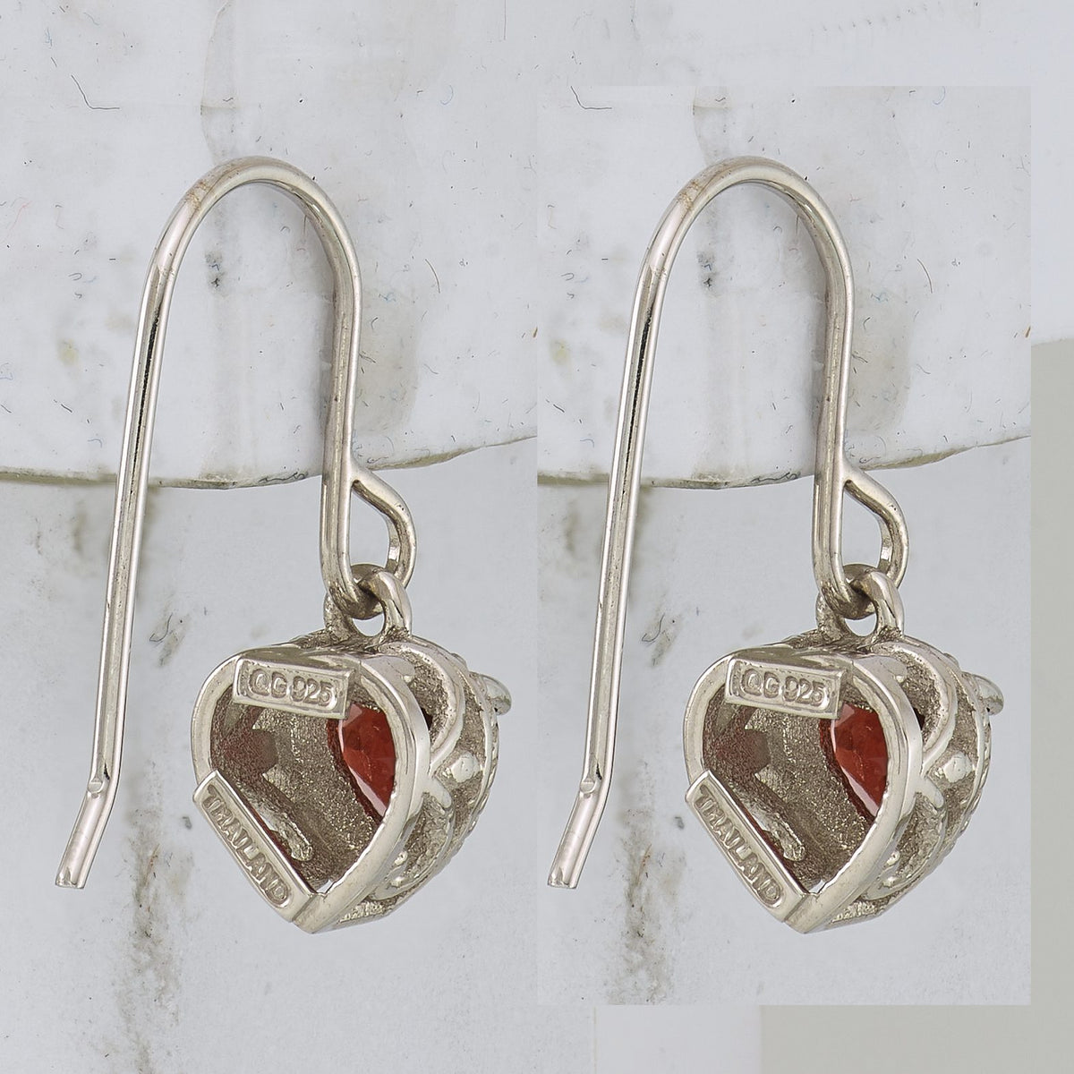 Garnet Small Heart Dangle Earrings in Sterling Silver, 5mm Textured - Sophia Jewelers