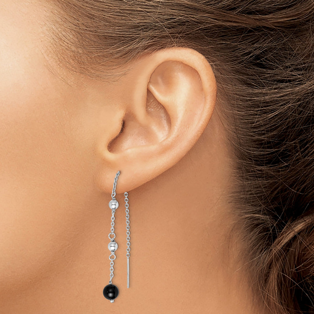 Beaded Black Onyx Threader Earrings in Sterling Silver, 6mm - Sophia Jewelers