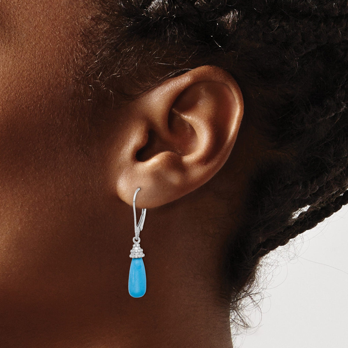 Turquoise Stone Dangle Earrings in Sterling Silver, 14x6mm Textured - Sophia Jewelers