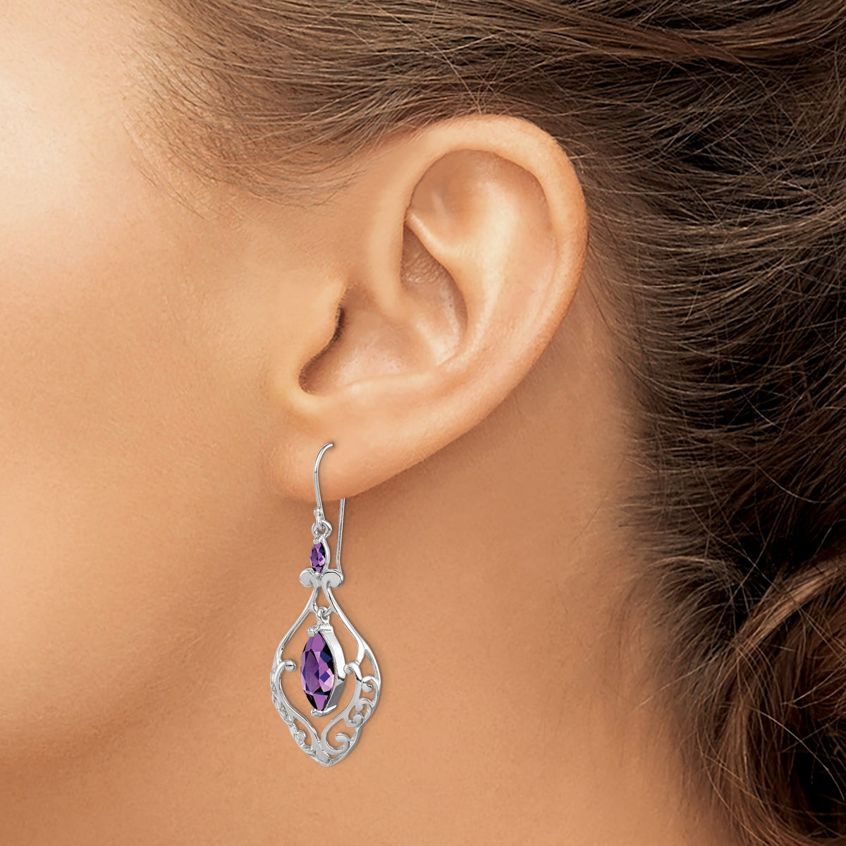 Amethyst Fancy Dangle Earrings in Sterling Silver, 5x2.5mm - Sophia Jewelers