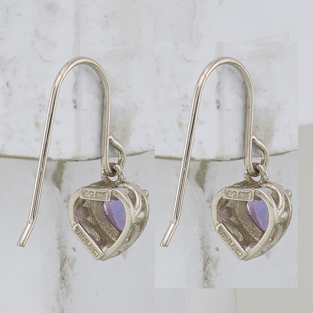 Amethyst Small Heart Dangle Earrings in Sterling Silver, 6mm Textured - Sophia Jewelers