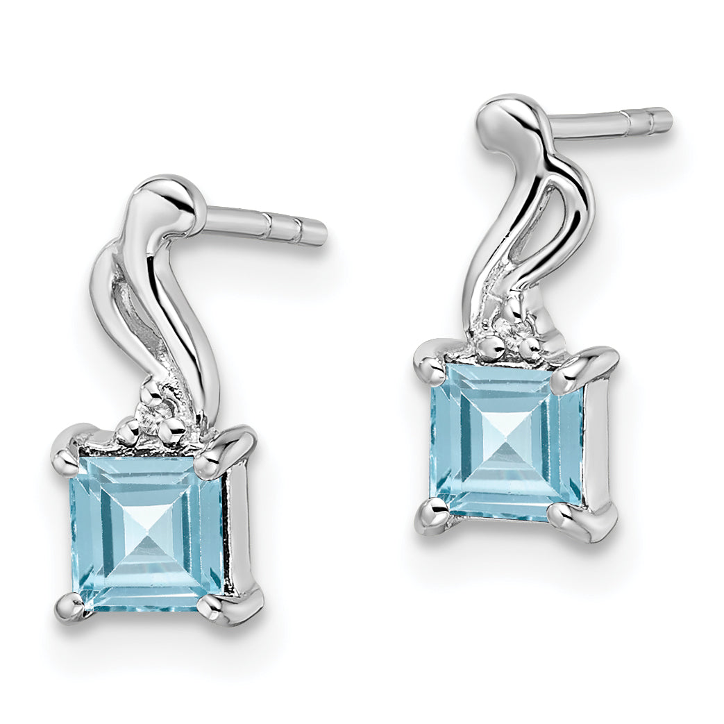 Sterling Silver Rhodium Plated Diamond and Blue Topaz Square Earrings Secondary image
