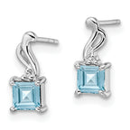 Sterling Silver Rhodium Plated Diamond and Blue Topaz Square Earrings