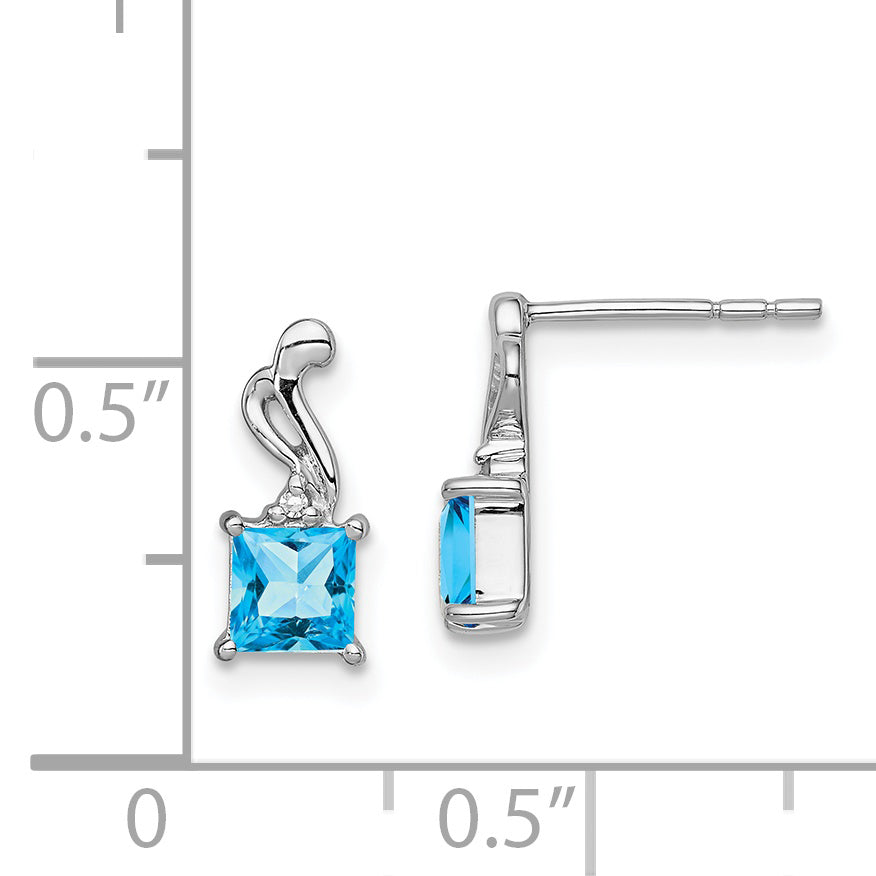Sterling Silver Rhodium Plated Diamond and Blue Topaz Square Earrings