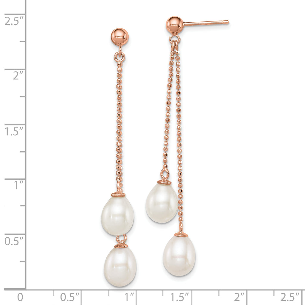 Sterling Silver Rose-tone 7-8mm White Rice Freshwater Cultured Pearl Post Dangle Earrings