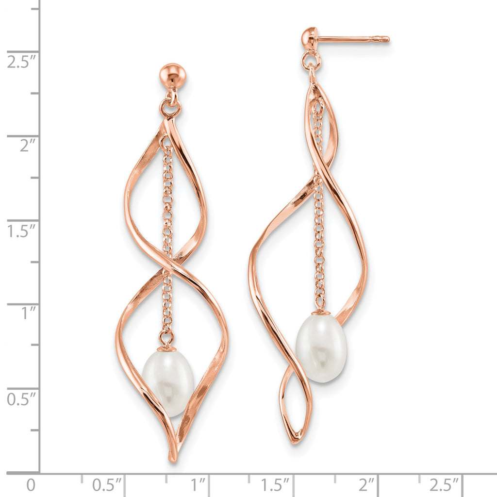 Sterling Silver Rose-tone 7-8mm White Rice Freshwater Cultured Pearl Post Dangle Earrings
