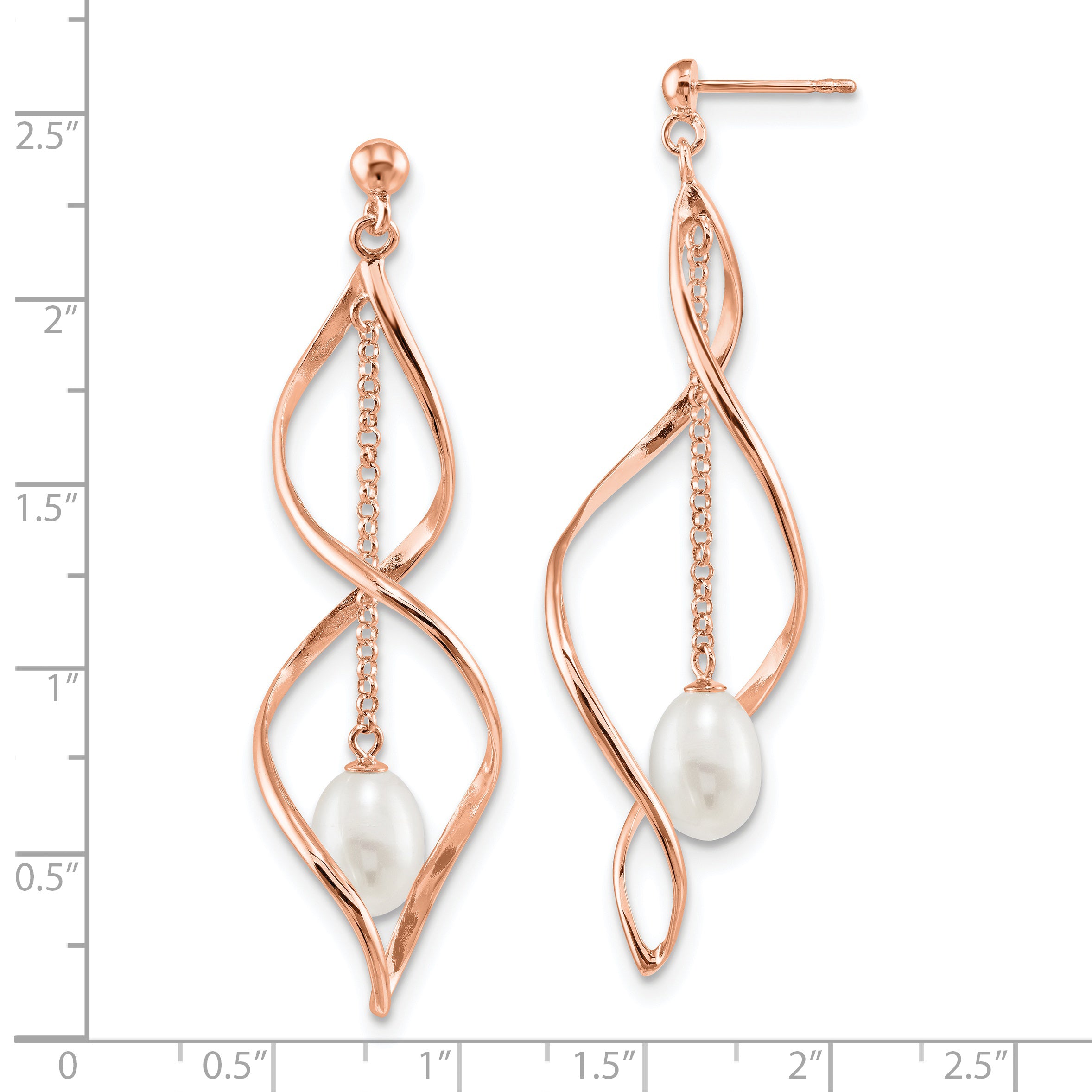 Sterling Silver Rose-tone 7-8mm White Rice Freshwater Cultured Pearl Post Dangle Earrings