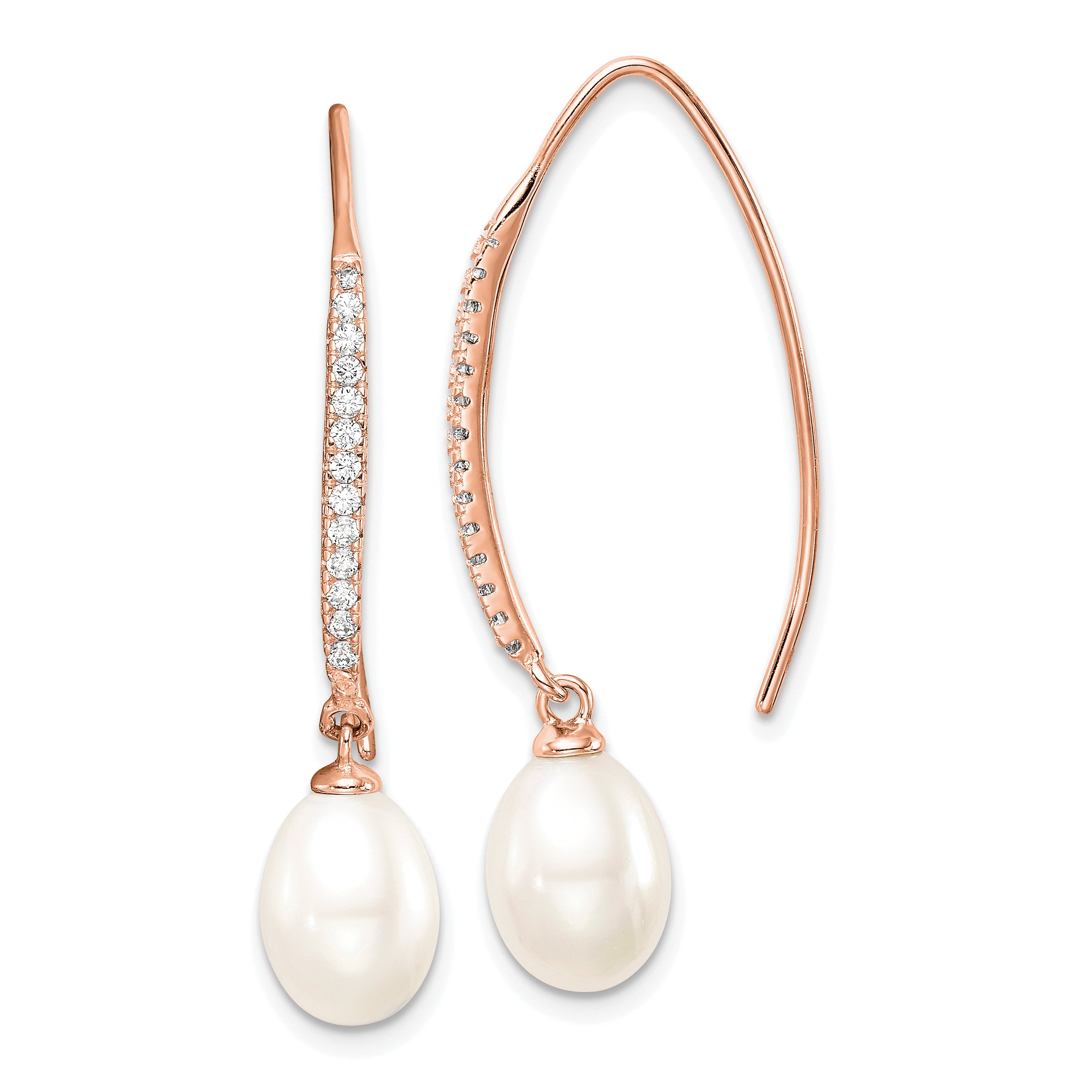 Sterling Silver Rose-tone 7-8mm White Teardrop Freshwater Cultured Pearl and CZ Threader Earrings Main image