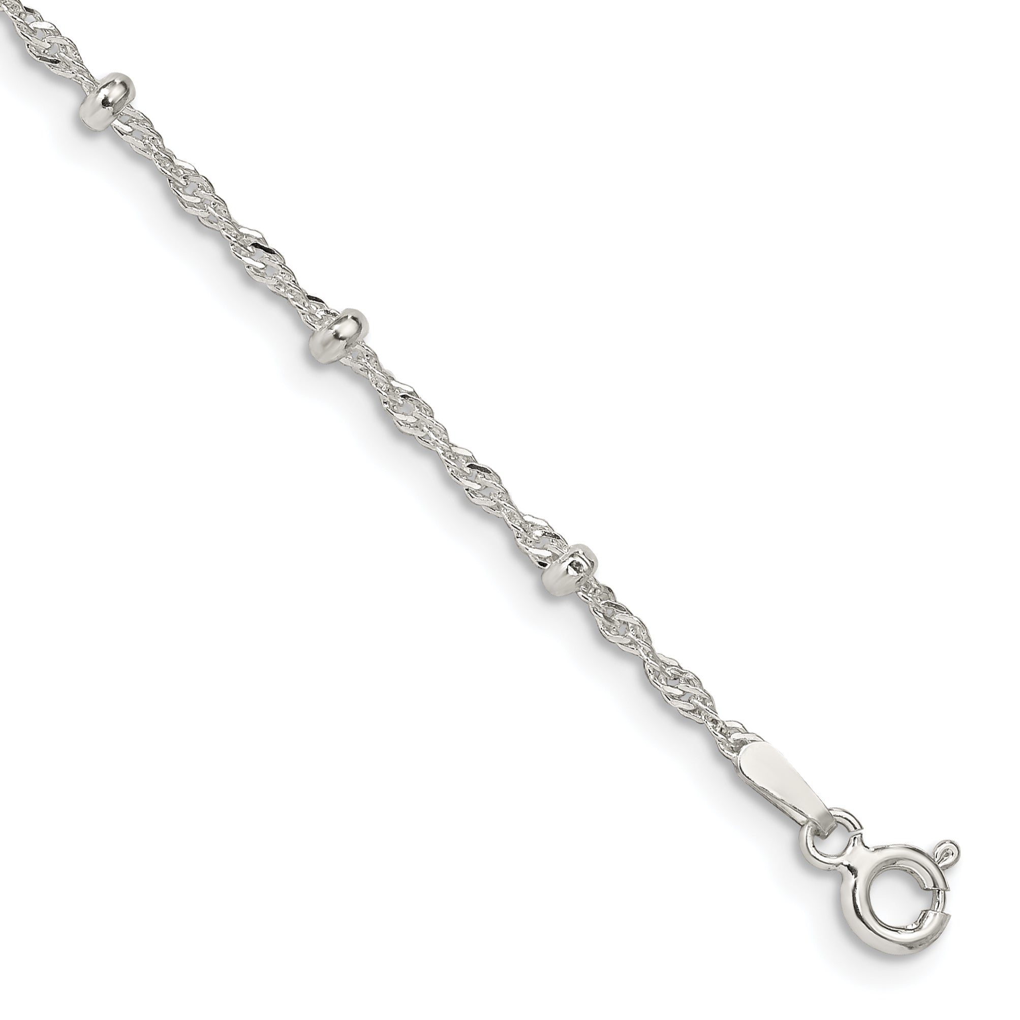 Sterling Silver 2.5mm Singapore With  Beads Chain Anklet