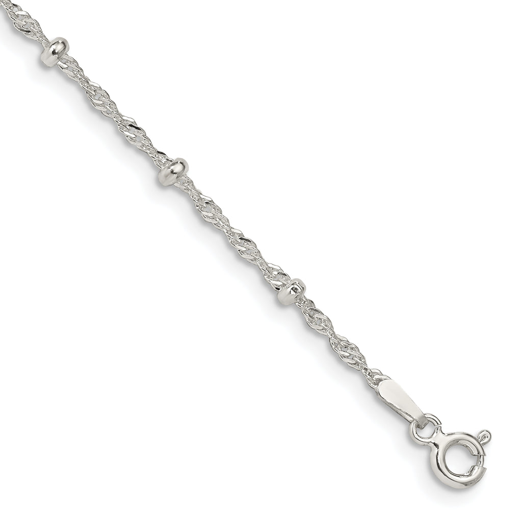 Sterling Silver 2.5mm Singapore With  Beads Chain Anklet