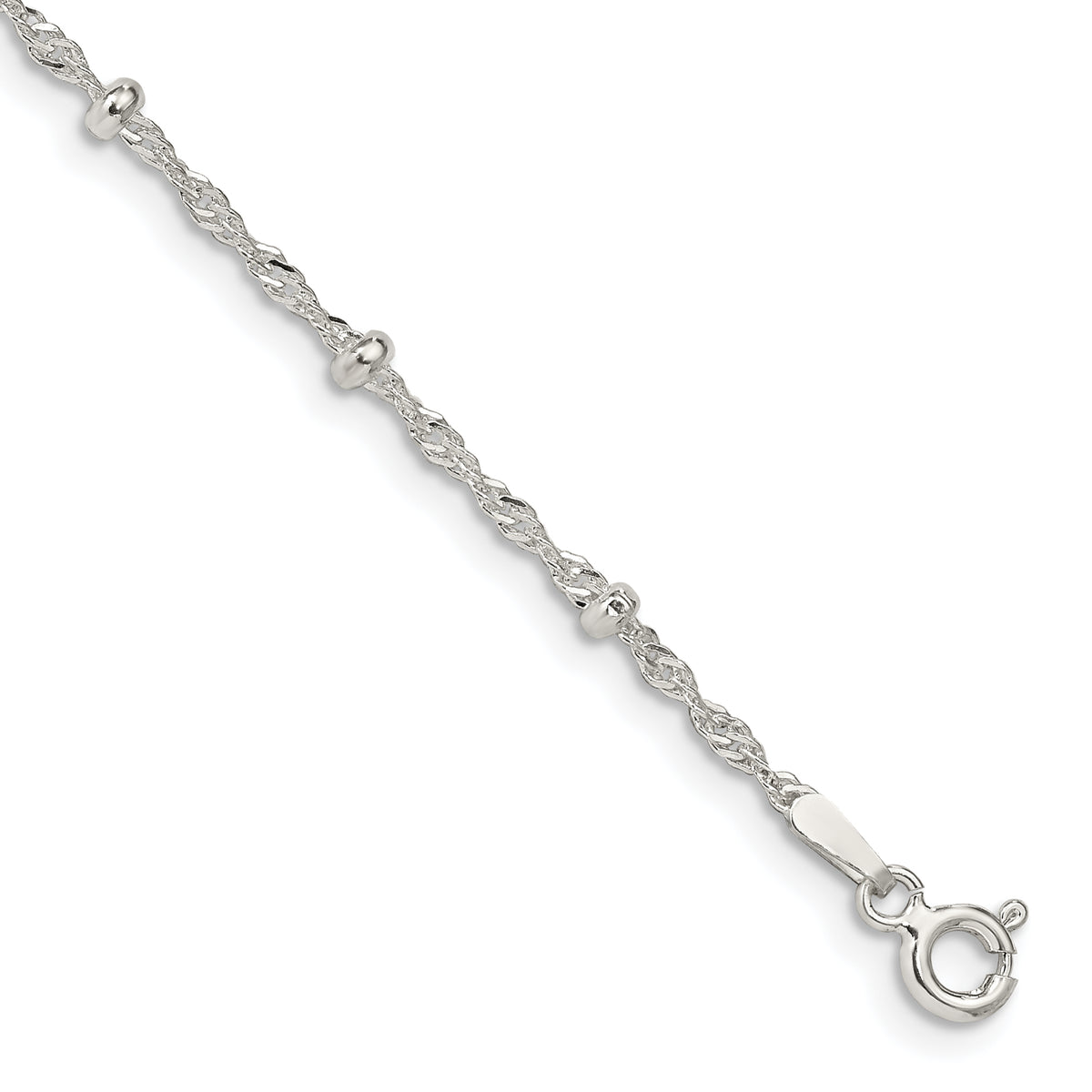 Sterling Silver 2.5mm Singapore With  Beads Chain Anklet