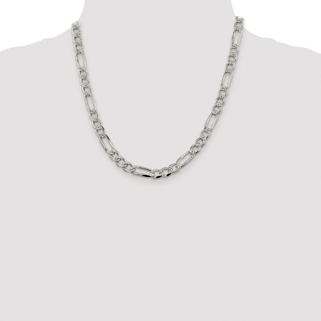 Sterling Silver Rhodium-plated 7.25mm Pav‚ Flat Figaro Chain