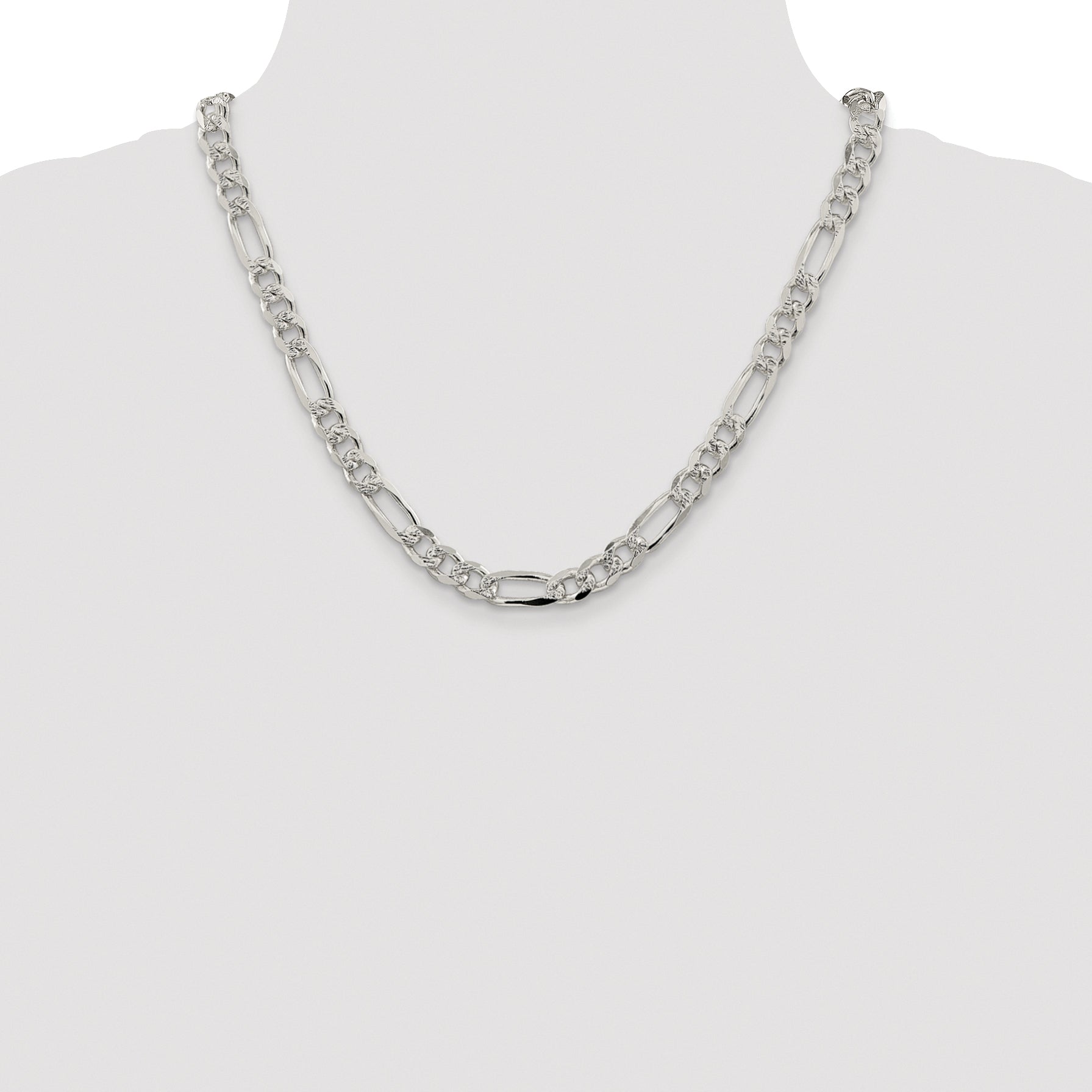 Sterling Silver Rhodium-plated 8mm Pav‚ Flat Figaro Chain