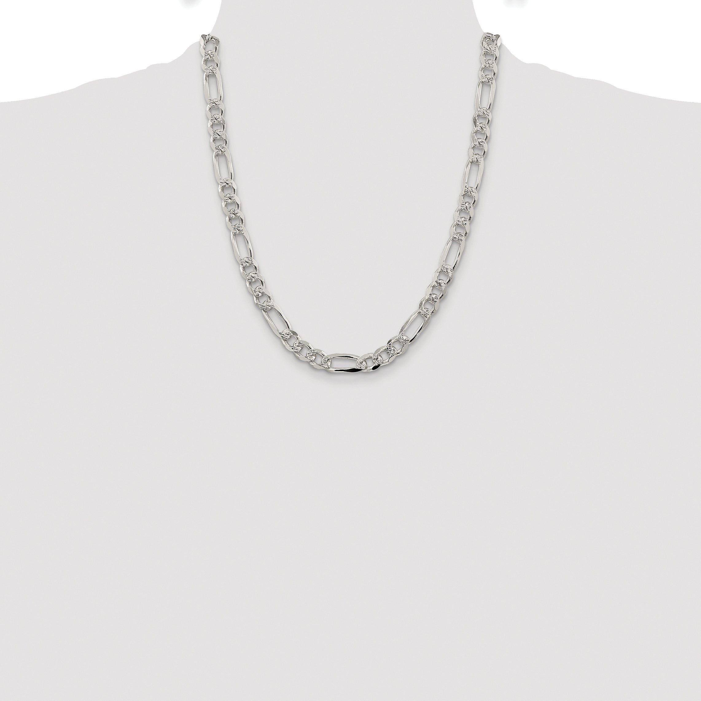 Sterling Silver Rhodium-plated 8mm Pav‚ Flat Figaro Chain