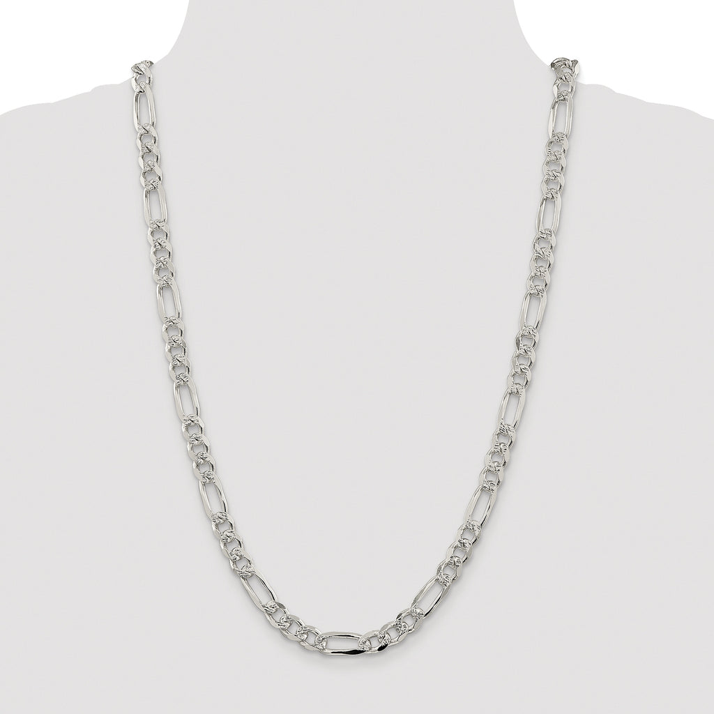 Sterling Silver Rhodium-plated 8mm Pav‚ Flat Figaro Chain