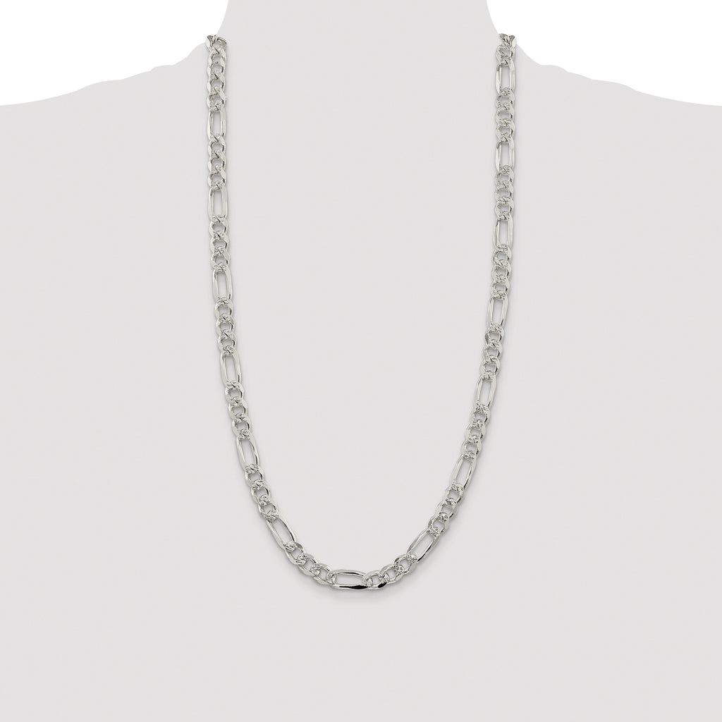 Sterling Silver Rhodium-plated 8mm Pave Flat Figaro Chain