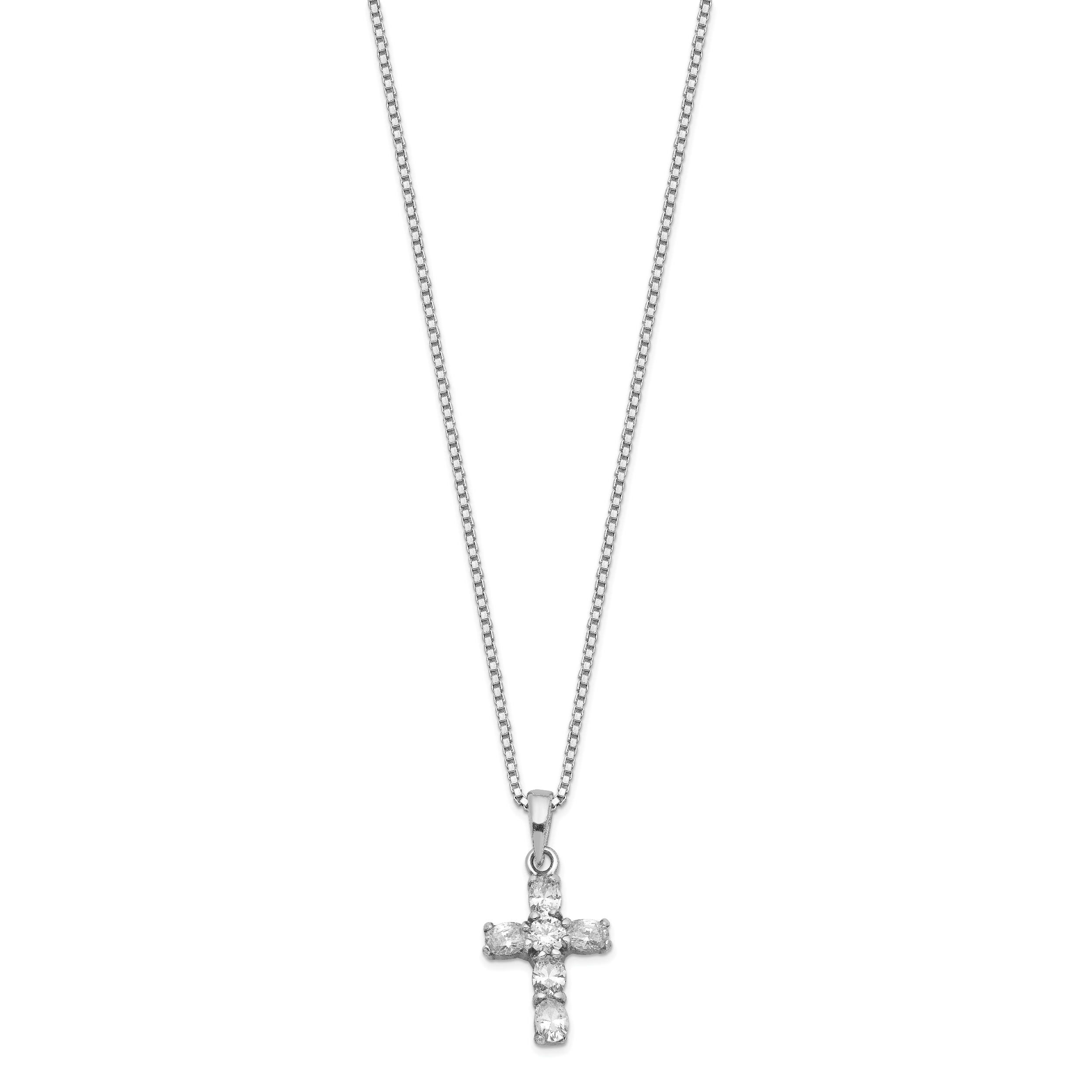 Sterling Silver Rhodium-plated CZ Cross on 16 Box Chain Necklace