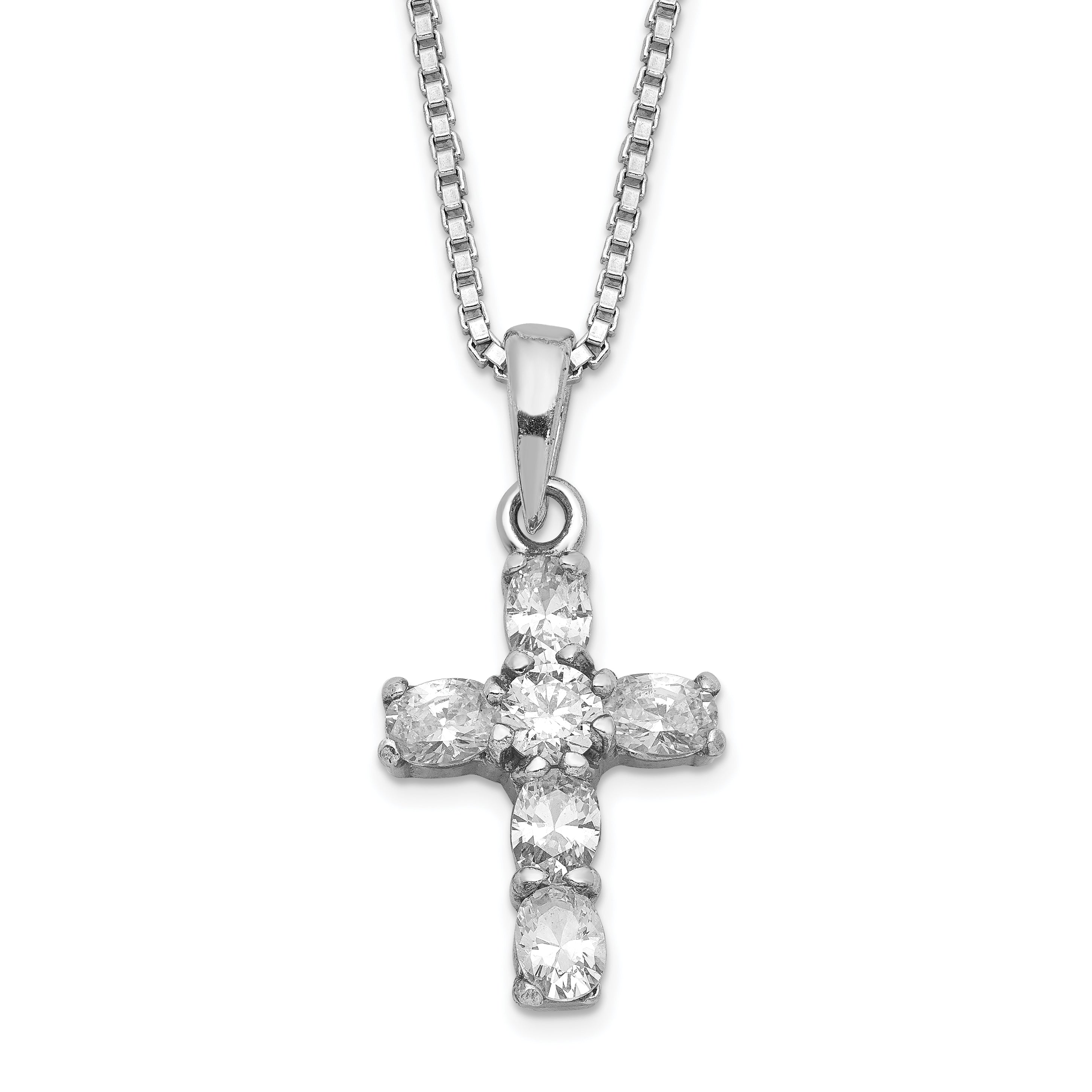 Sterling Silver Rhodium-plated CZ Cross on 16 Box Chain Necklace Main image
