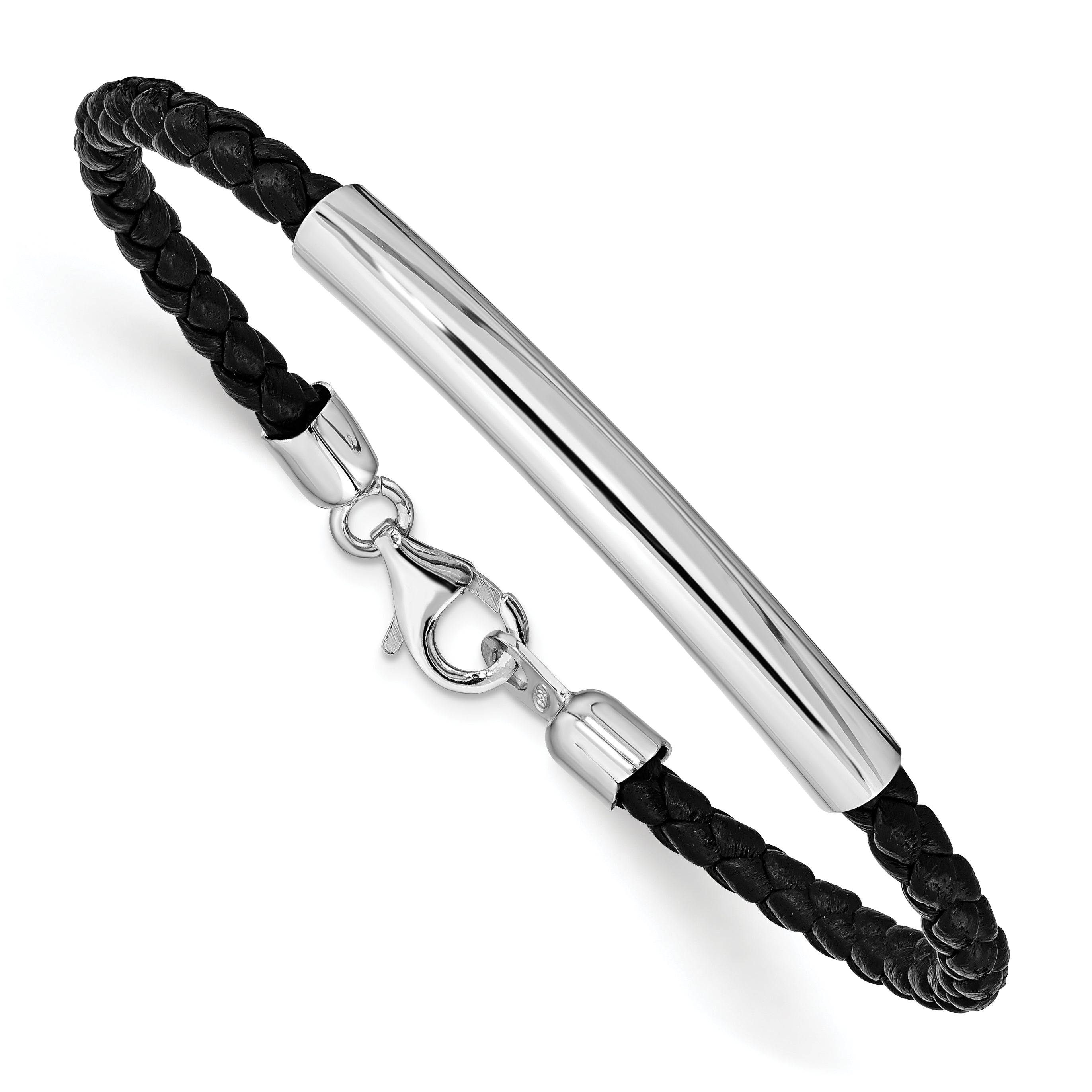 Sterling Silver Rhodium-plated Braided Black Leather Bracelet Main image