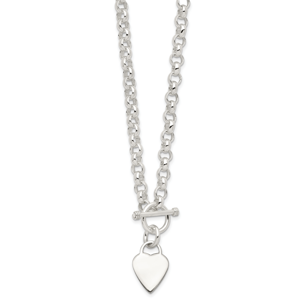 Sterling Silver Engravable 22x15mm Heart Disc on Fancy Rolo Link 18 inch Toggle Necklace