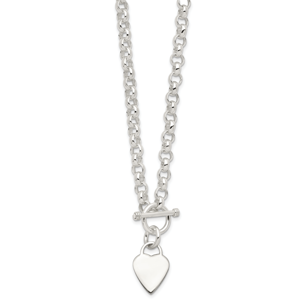Sterling Silver Engravable 22x15mm Heart Disc on Fancy Rolo Link 18 inch Toggle Necklace