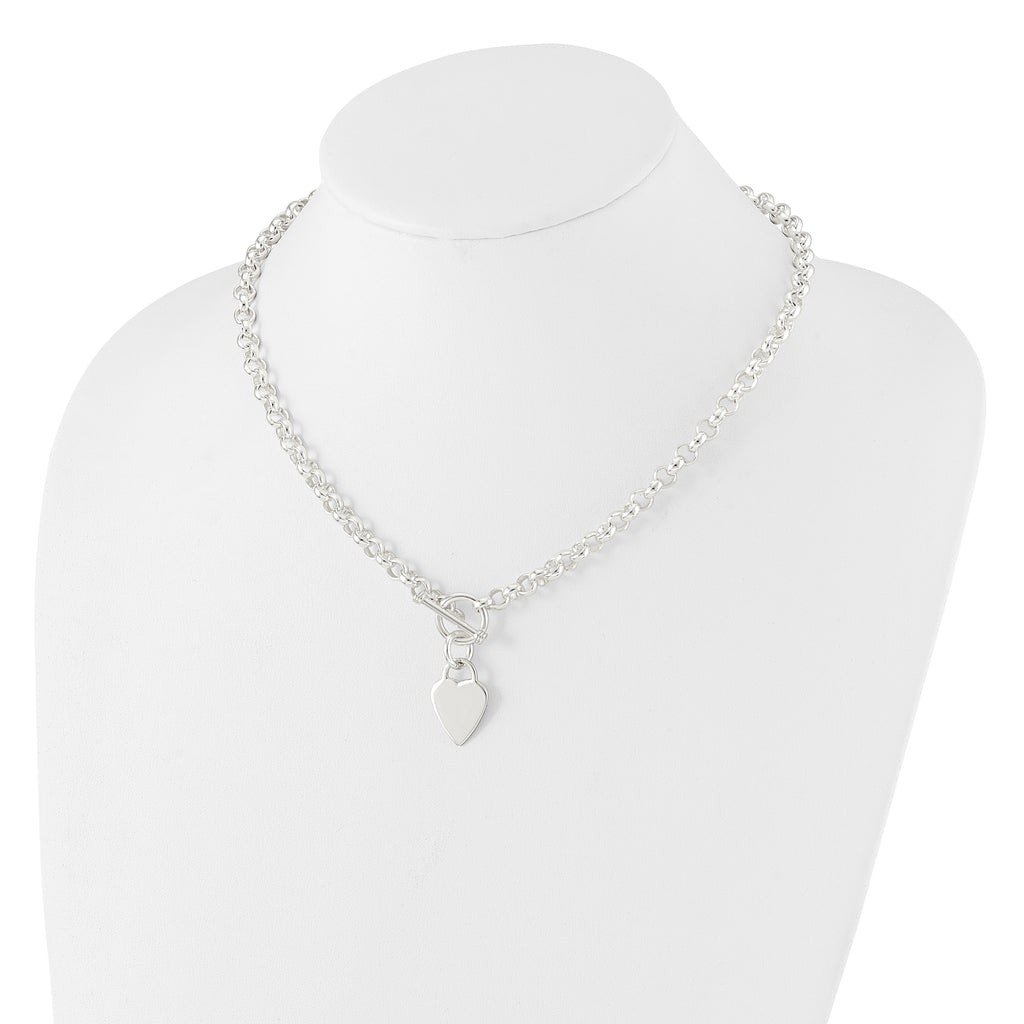Sterling Silver Engravable 22x15mm Heart Disc on Fancy Rolo Link 18 inch Toggle Necklace