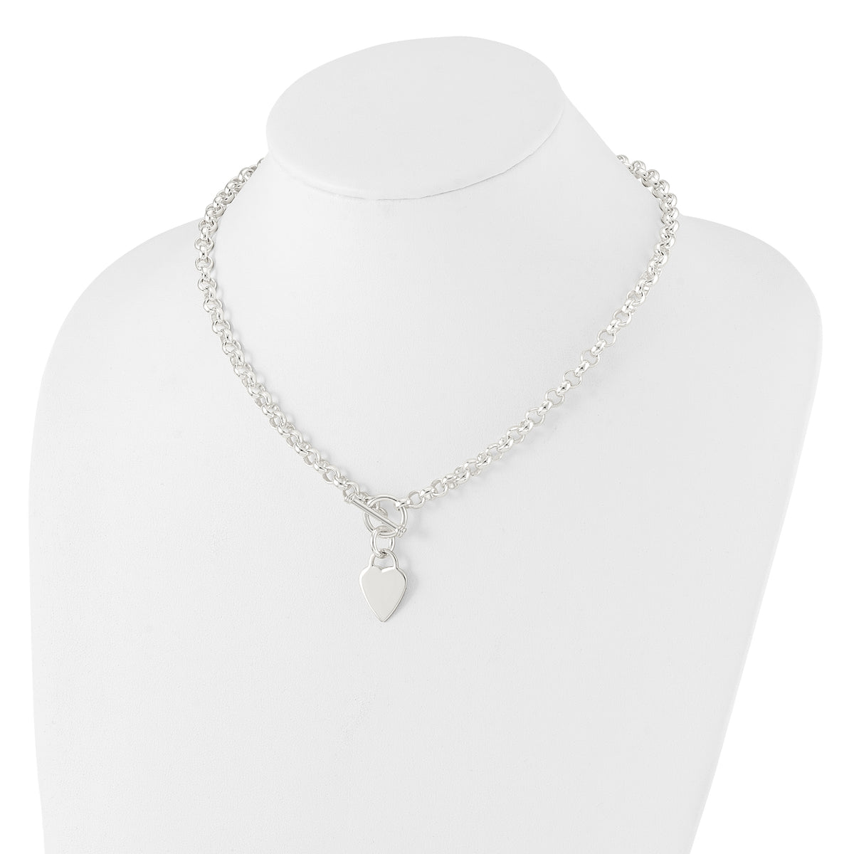 Sterling Silver Engravable 22x15mm Heart Disc on Fancy Rolo Link 18 inch Toggle Necklace
