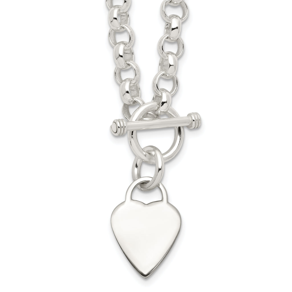 Sterling Silver Engravable 22x15mm Heart Disc on Fancy Rolo Link 18 inch Toggle Necklace