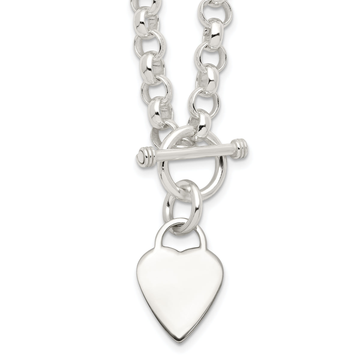 Sterling Silver Engravable 22x15mm Heart Disc on Fancy Rolo Link 18 inch Toggle Necklace