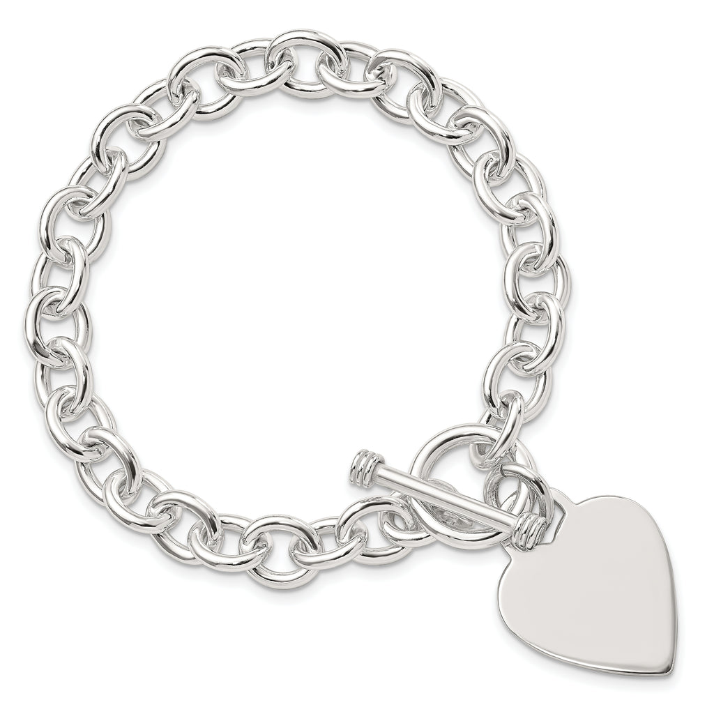 Sterling Silver Engravable 29x22mm Heart Disc on Fancy Rolo Link 8.75 inch Toggle Bracelet
