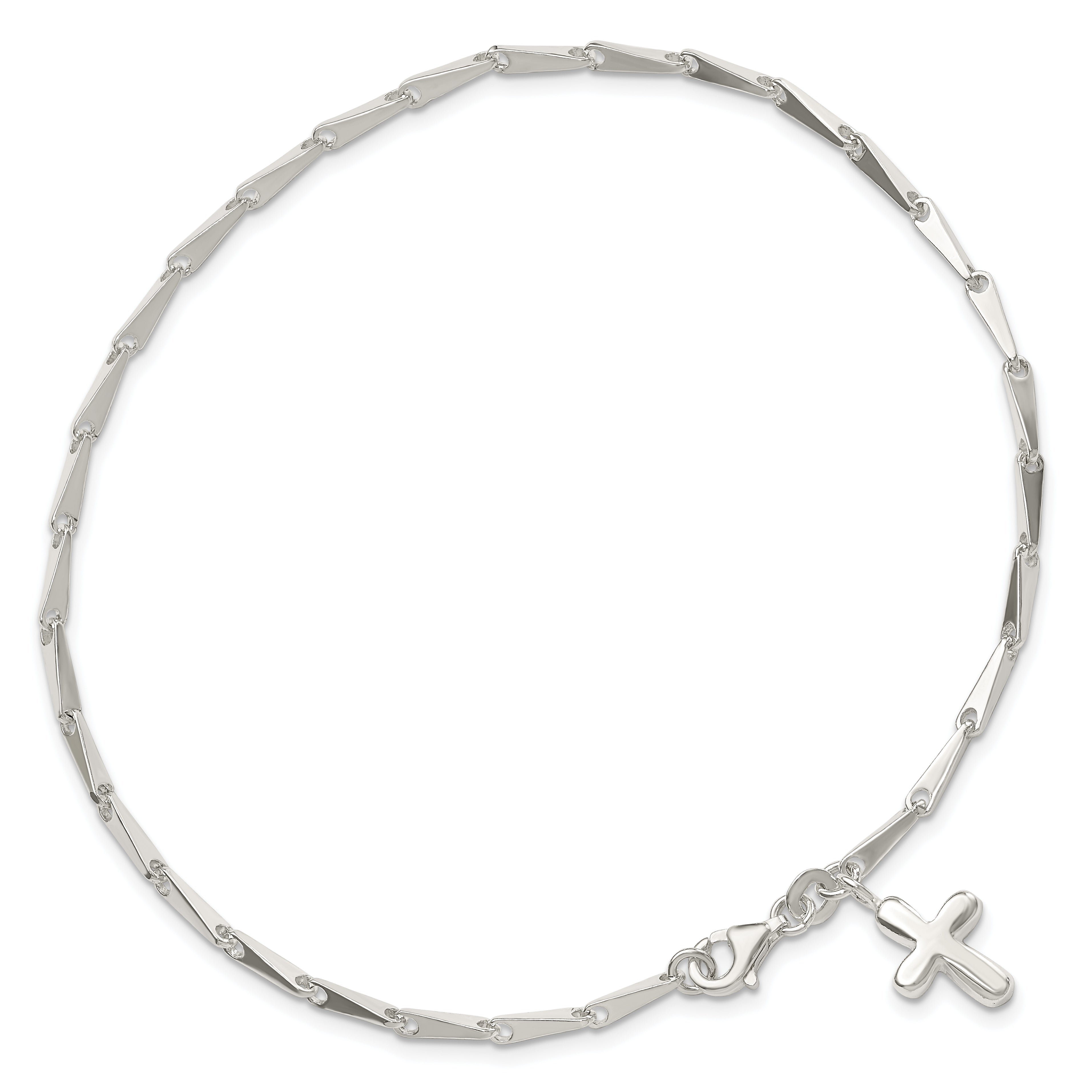 Sterling Silver 10 in Solid Polished Cross on Fancy Link Anklet