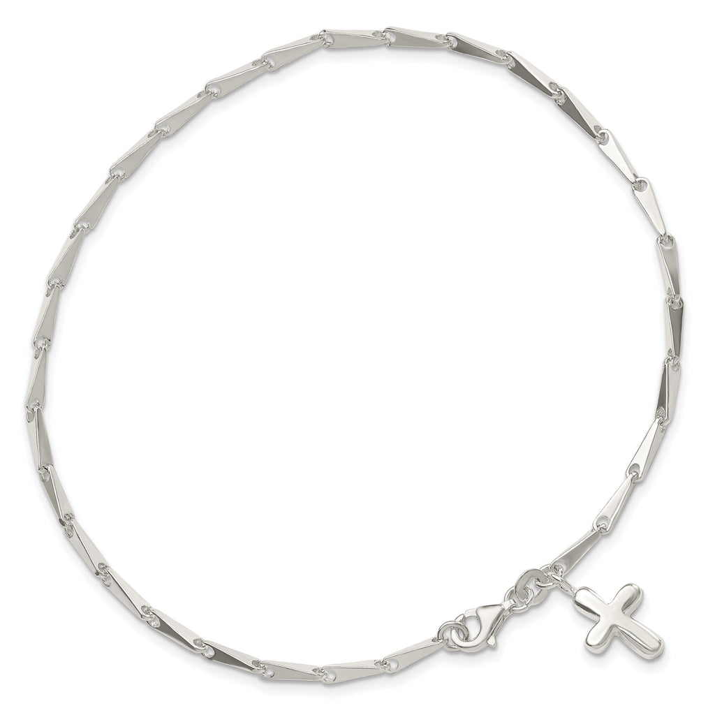 Sterling Silver 10 in Solid Polished Cross on Fancy Link Anklet