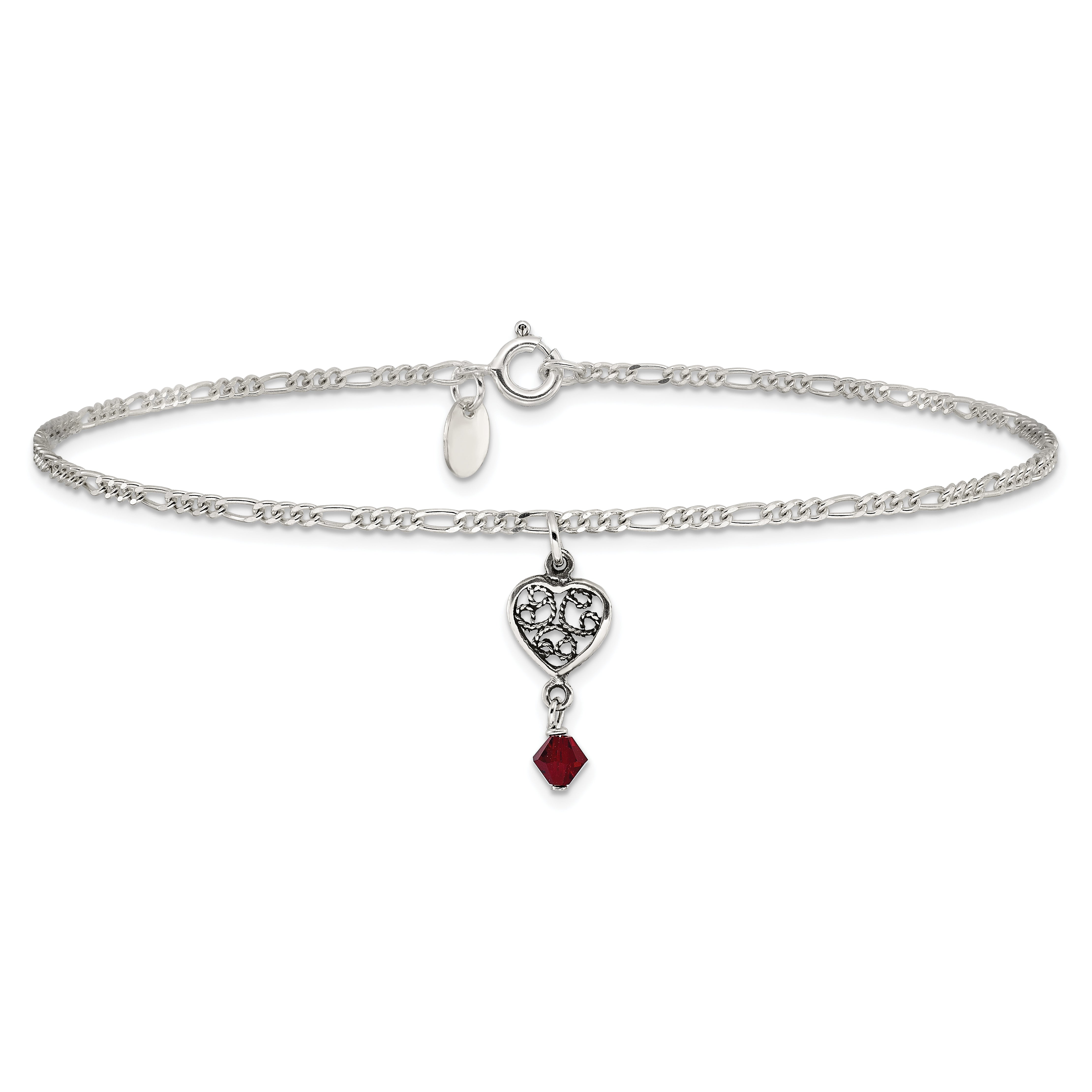 Sterling Silver Dark Pink Crystal Dangling Antiqued Heart 10 inch Anklet