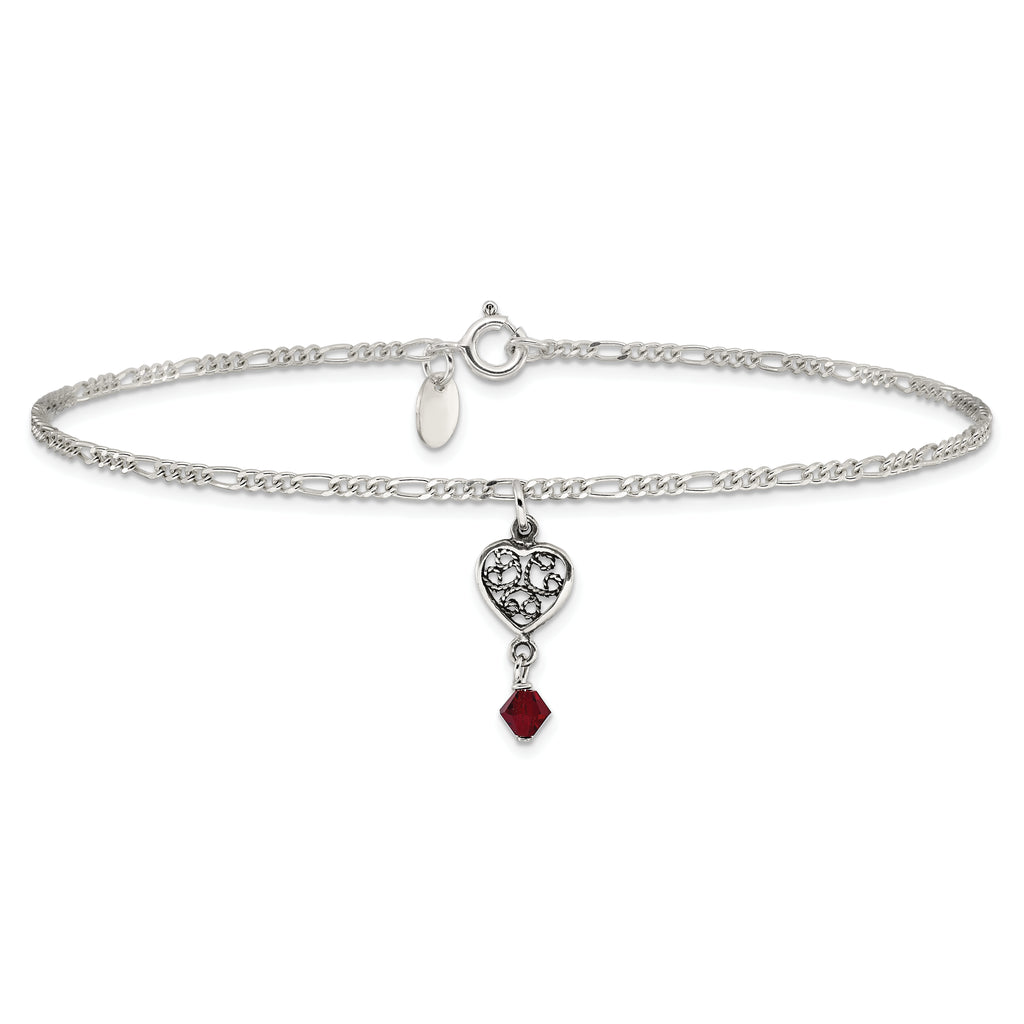 Sterling Silver Dark Pink Crystal Dangling Antiqued Heart 10 inch Anklet