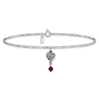 Sterling Silver Dark Pink Crystal Dangling Antiqued Heart 10 inch Anklet