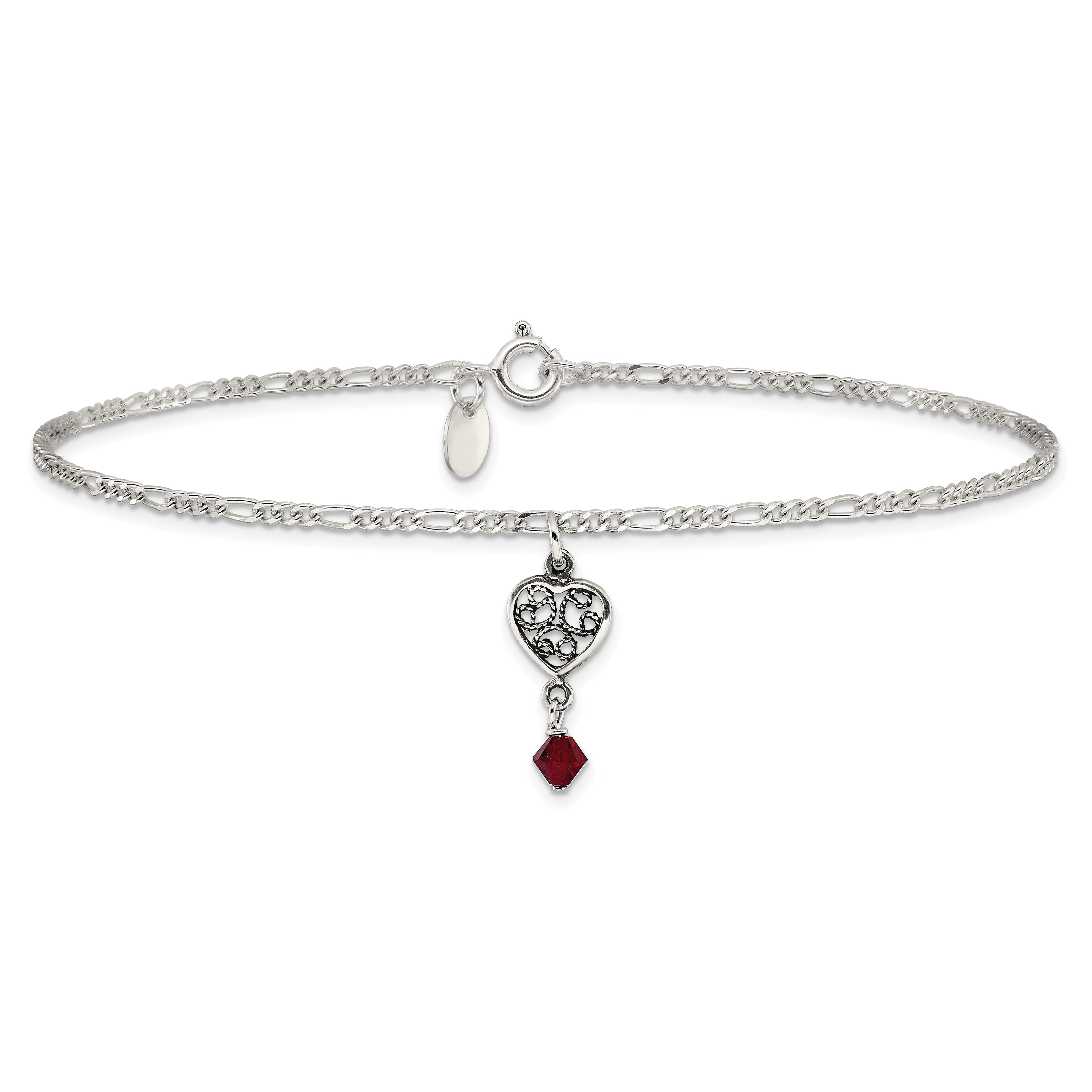Sterling Silver Dark Pink Crystal Dangling Antiqued Heart 10 inch Anklet