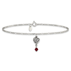 Sterling Silver Dark Pink Crystal Dangling Antiqued Heart 10 inch Anklet