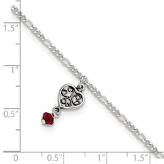 Sterling Silver Dark Pink Crystal Dangling Antiqued Heart 10 inch Anklet