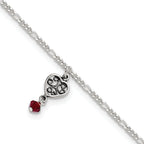 Sterling Silver Dark Pink Crystal Dangling Antiqued Heart 9 inch Anklet