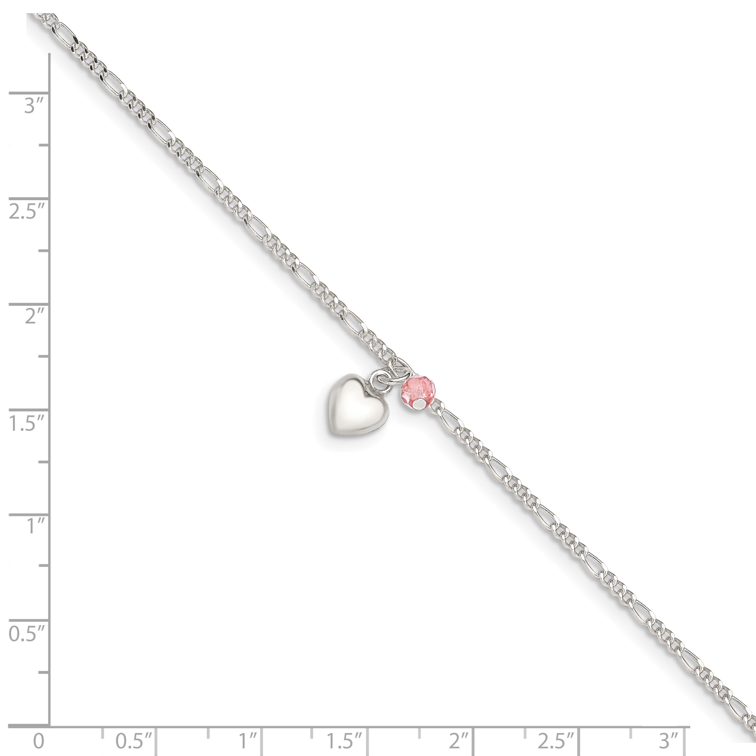 Sterling Silver Cherry Quartz Dangling Hearts on Figaro Link Anklet